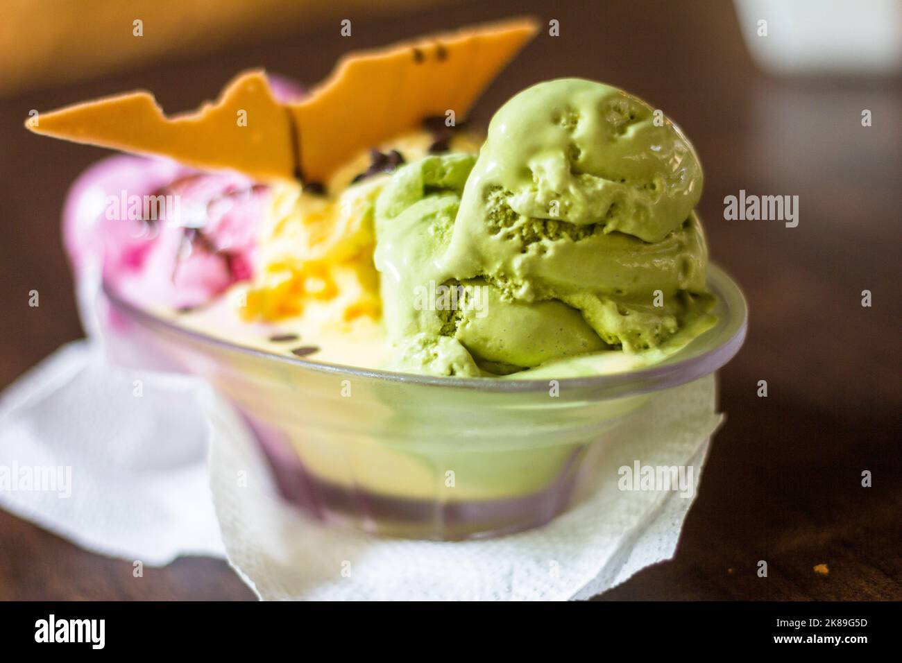 A dish of different fruit flavored ice cream at a cafe in Ilocos, Philippines Stock Photo