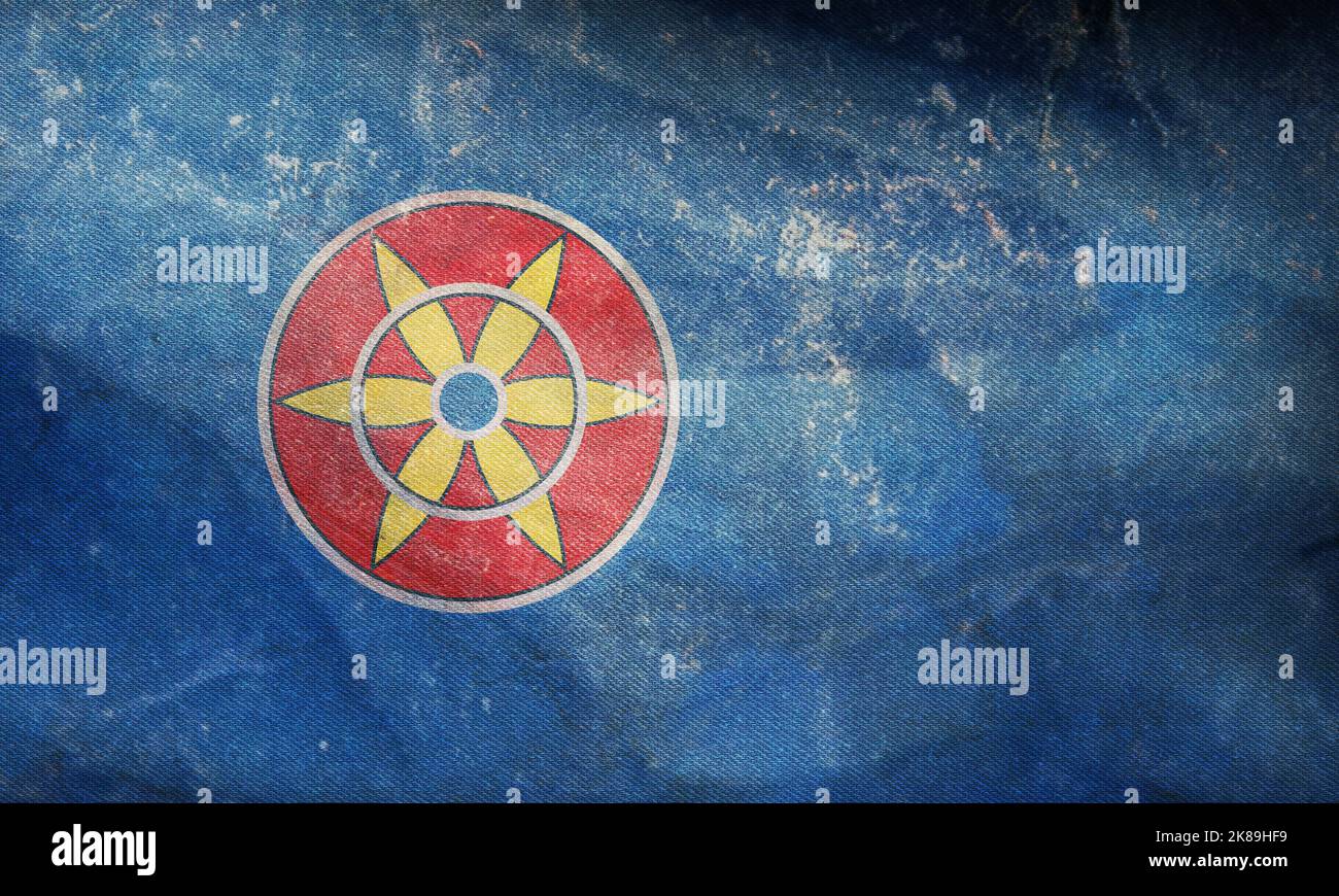 retro flag of Baltic Finns Kven people with grunge texture. flag representing ethnic group or culture, regional authorities. no flagpole. Plane design Stock Photo