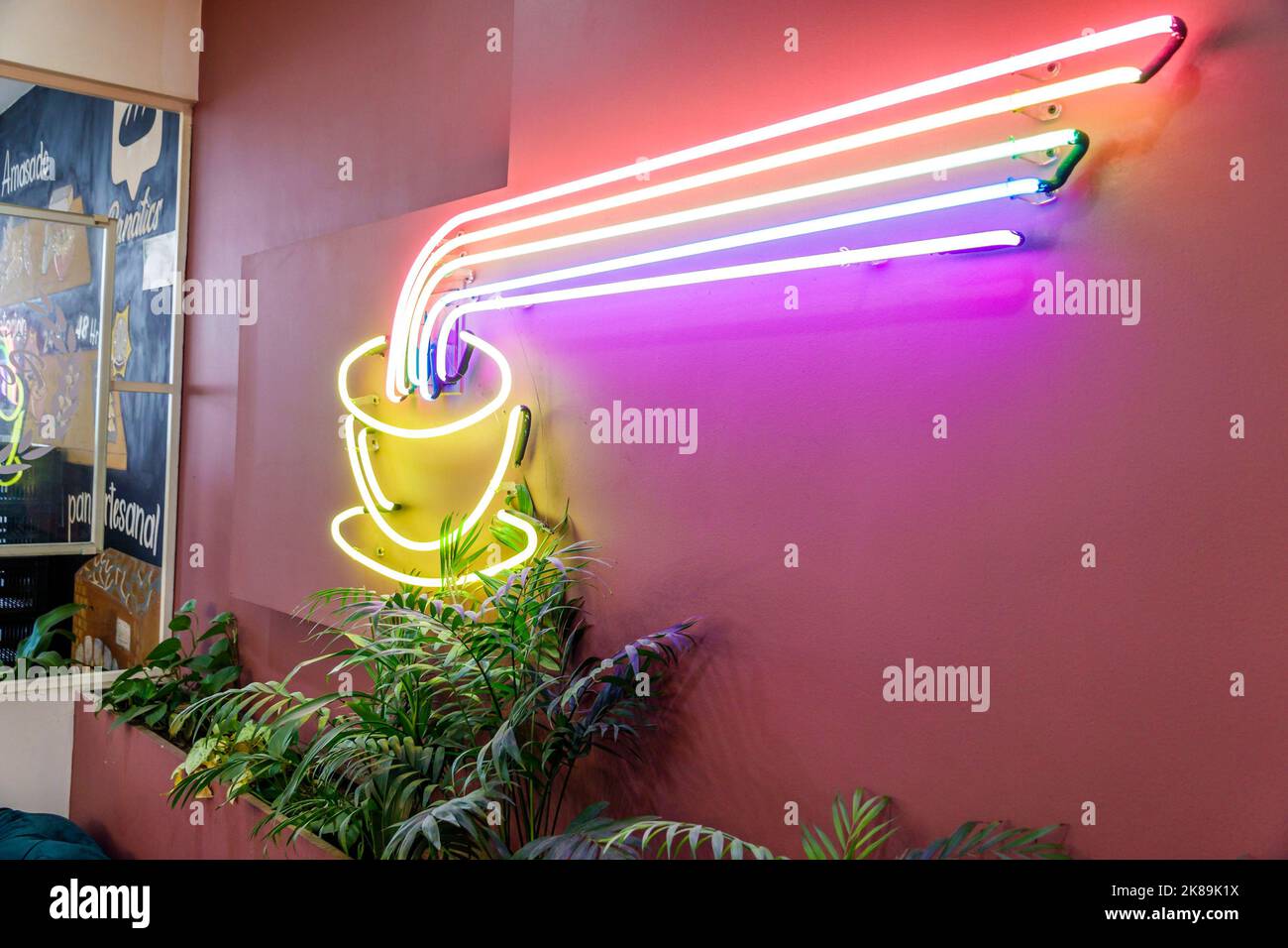 Bogota Colombia,Chapinero Norte Calle 64,neon sign coffee cup restaurant restaurants dine dining eating out casual cafe cafes bistro bistros food,inte Stock Photo