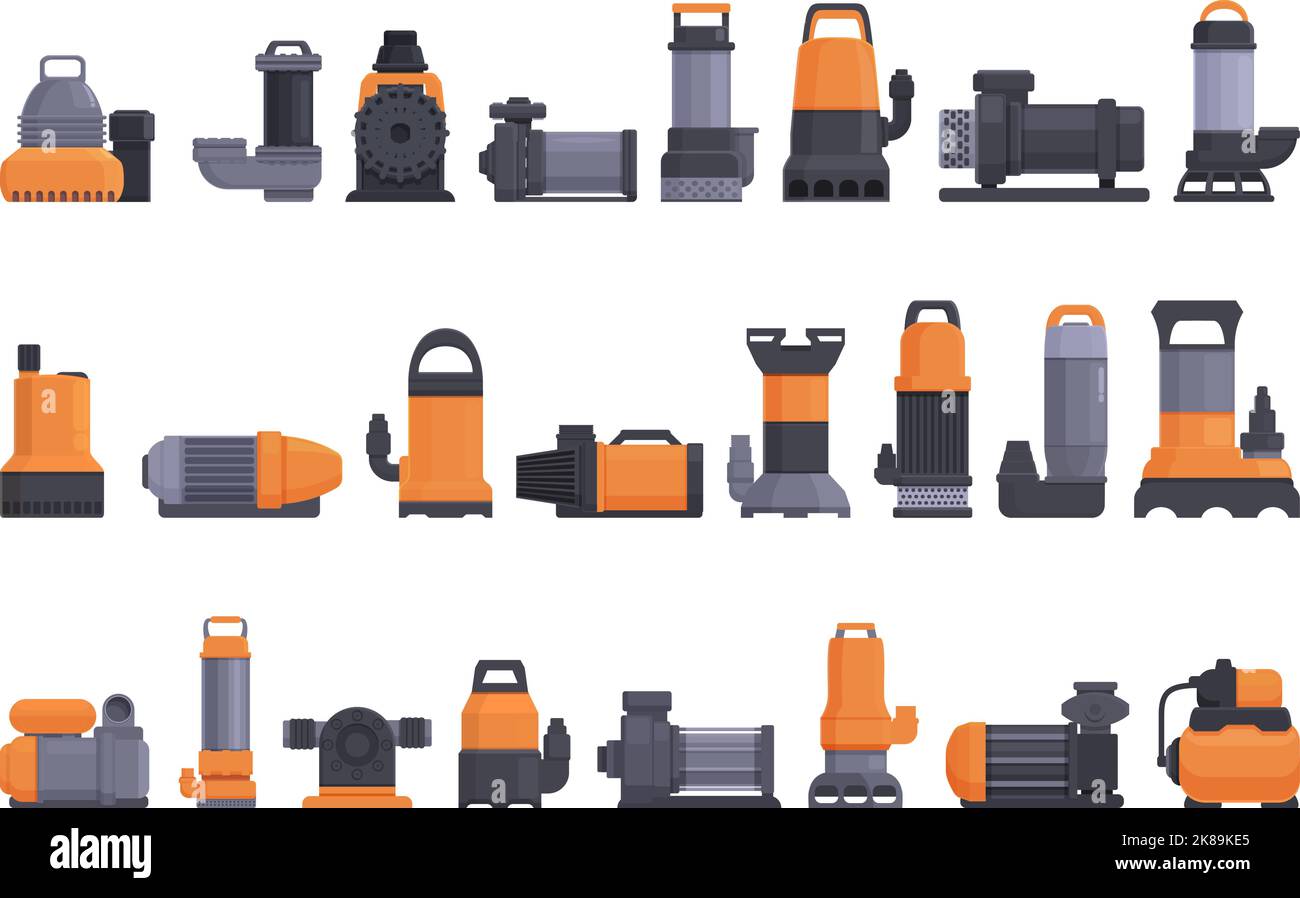 Submersible pump icons set cartoon vector. Water motor. Machine pump