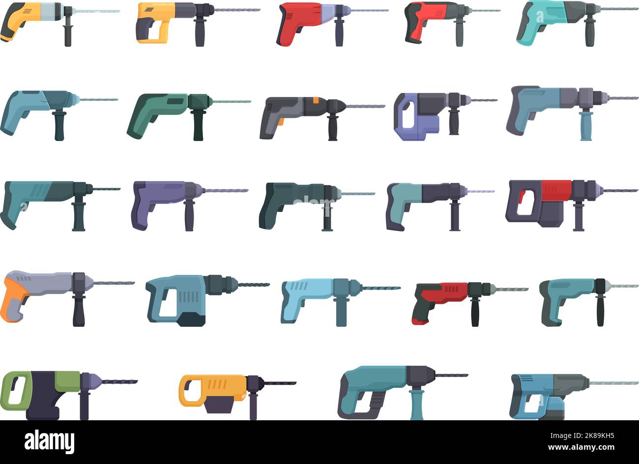 Electric hammer drill icons set cartoon vector. Construction drill