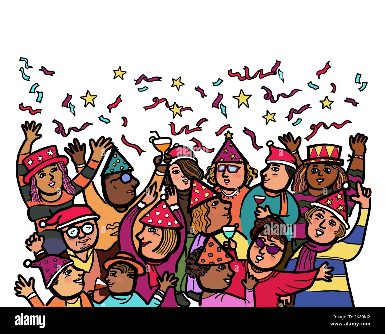 Illustration of multi-ethnic and mixed age group of people celebrate Christmas and the New Years party. Cartoon drawing on white background with a cop Stock Photo