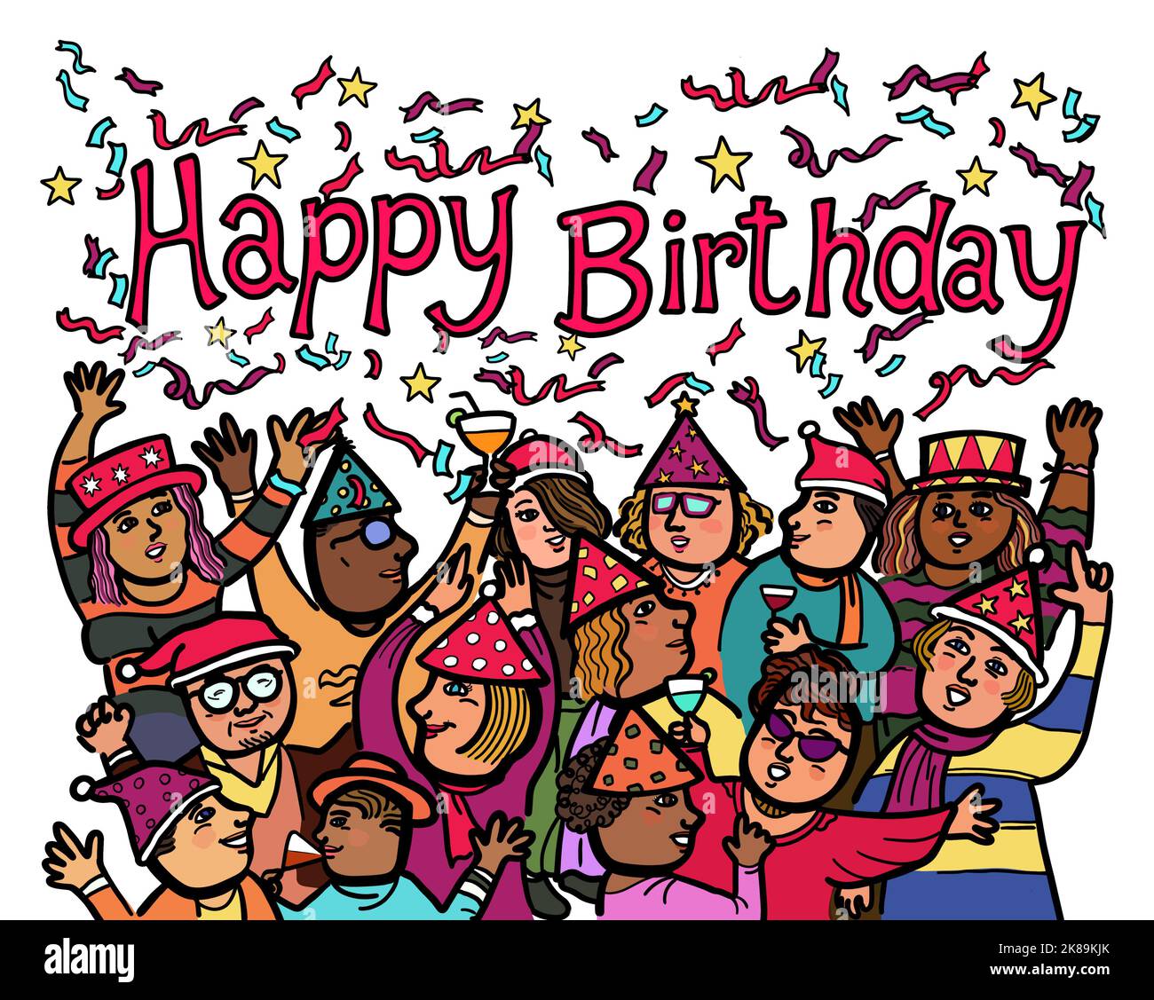Illustration drawing of multi-ethnic and mixed age group of people celebrate birthday party. Happy birthday celebration together. Stock Photo