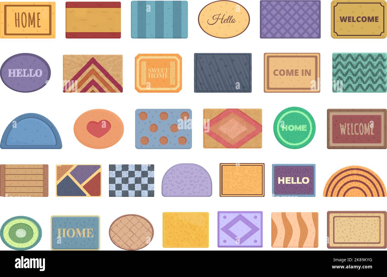 Door mat icons set cartoon vector. Office floor. Space rug Stock Vector