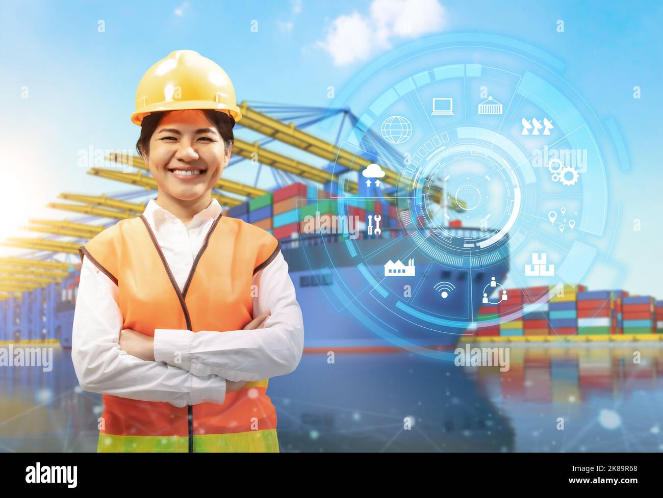 Engineer or asian worker work at container terminal port Stock Photo