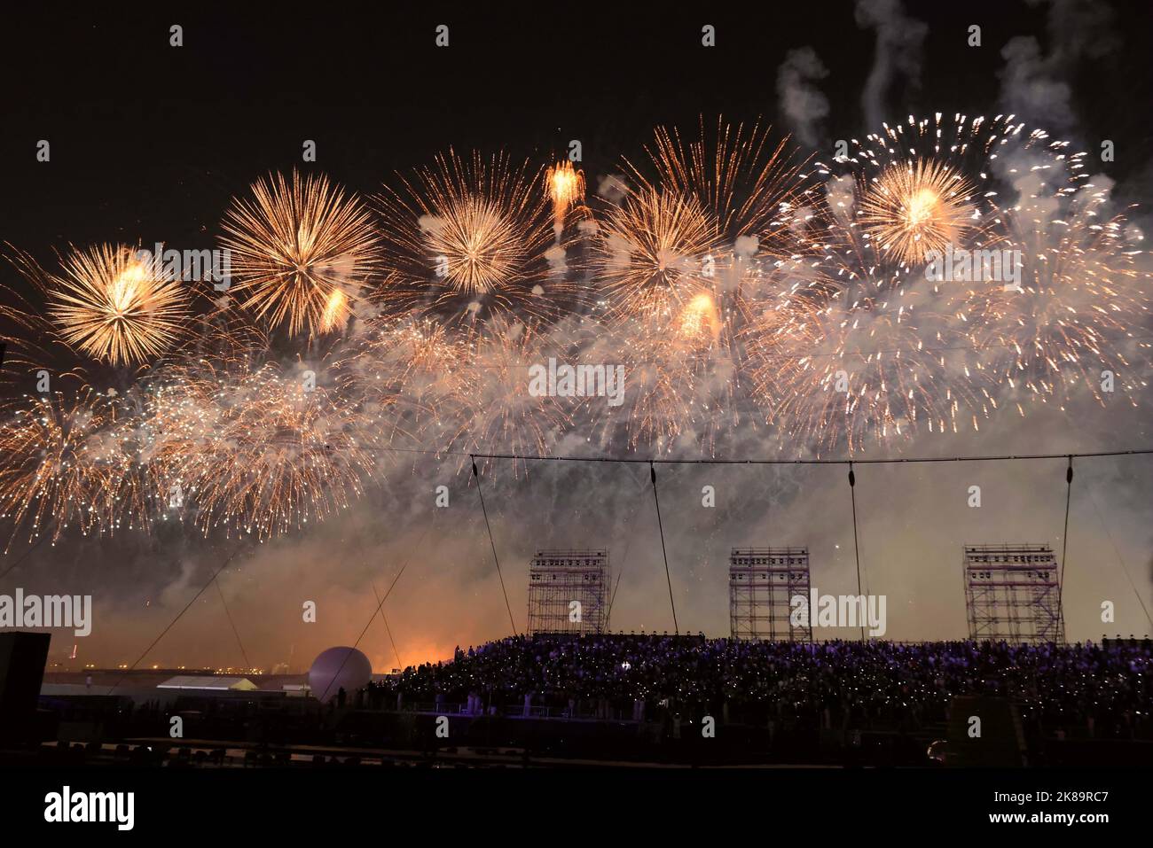 Riyadh, Saudi Arabia. 21st Oct, 2022. Fireworks are seen during the opening ceremony of Riyadh Season 2022 in Riyadh, Saudi Arabia, Oct. 21, 2022. Saudi Arabia's Riyadh Season 2022 started in its capital on Friday with a grand opening ceremony. Under the slogan 'Beyond Imagination,' this year marks the third edition of the Riyadh Season, one of the initiatives taken by Saudi Arabia to boost economic and tourist activity. Credit: Wang Haizhou/Xinhua/Alamy Live News Stock Photo