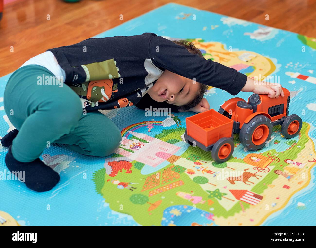 Little Boy Playing with Color Toys on Floor Stock Photo - Image of  bulldozer, little: 19039326