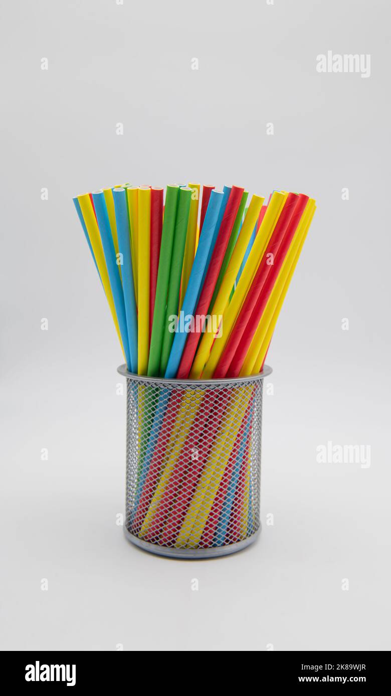 Drinking straws in a metal container,isolated on a white background Stock Photo Alamy