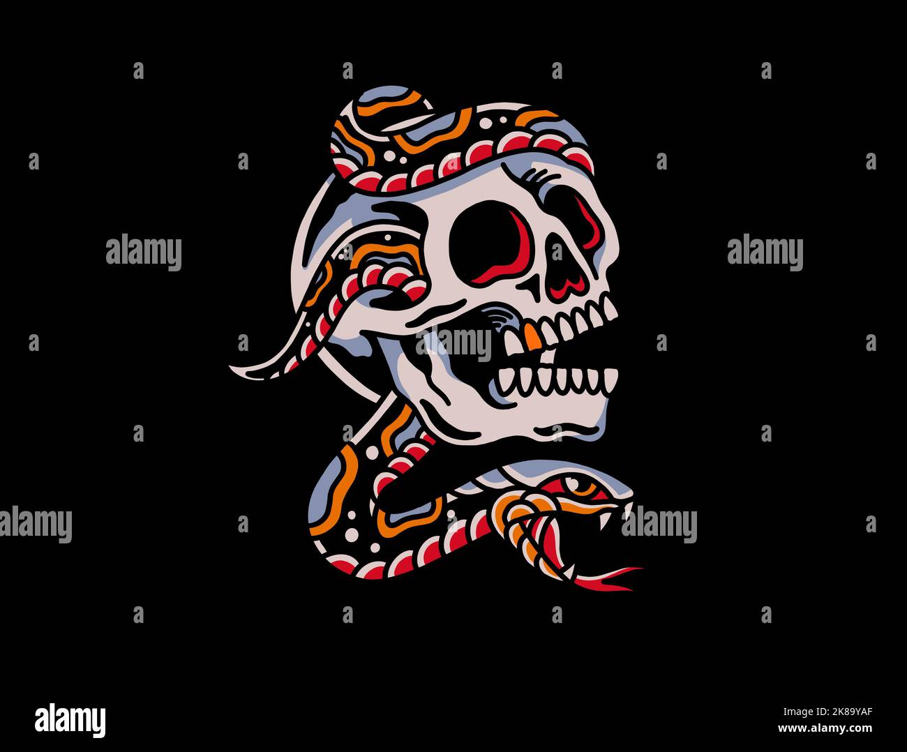 Old school traditional tattoo inspired cool graphic design illustration human skull with snake for merchandise t shirts stickers wallpapers Stock Photo