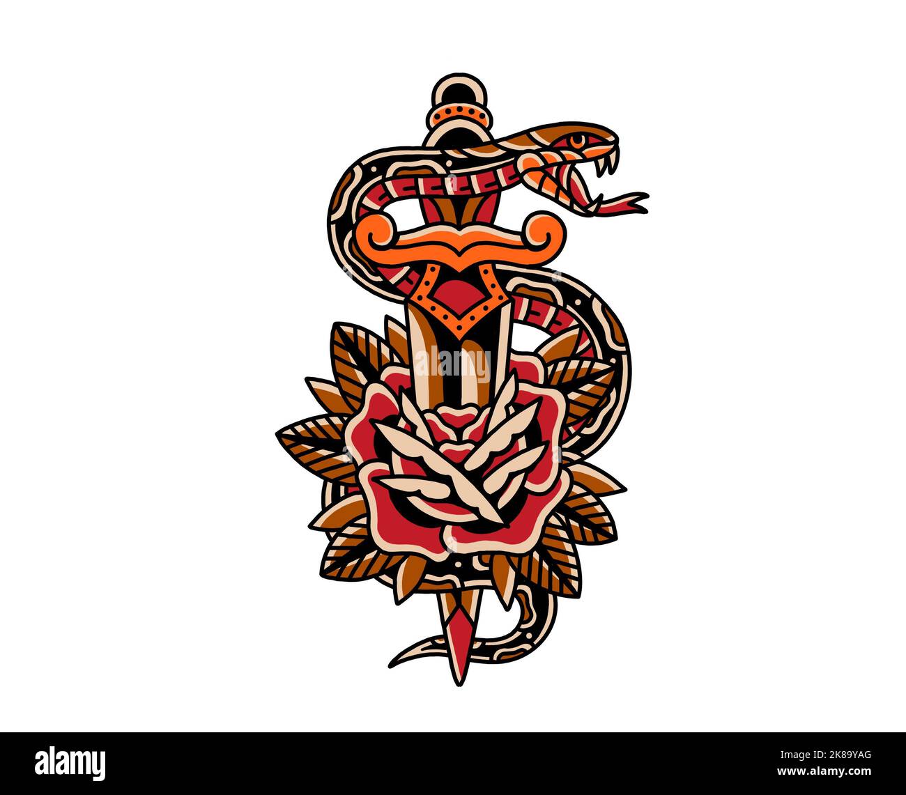 Old school traditional tattoo inspired cool graphic design illustration snake with dagger and rose for merchandise t shirts stickers wallpapers Stock Photo