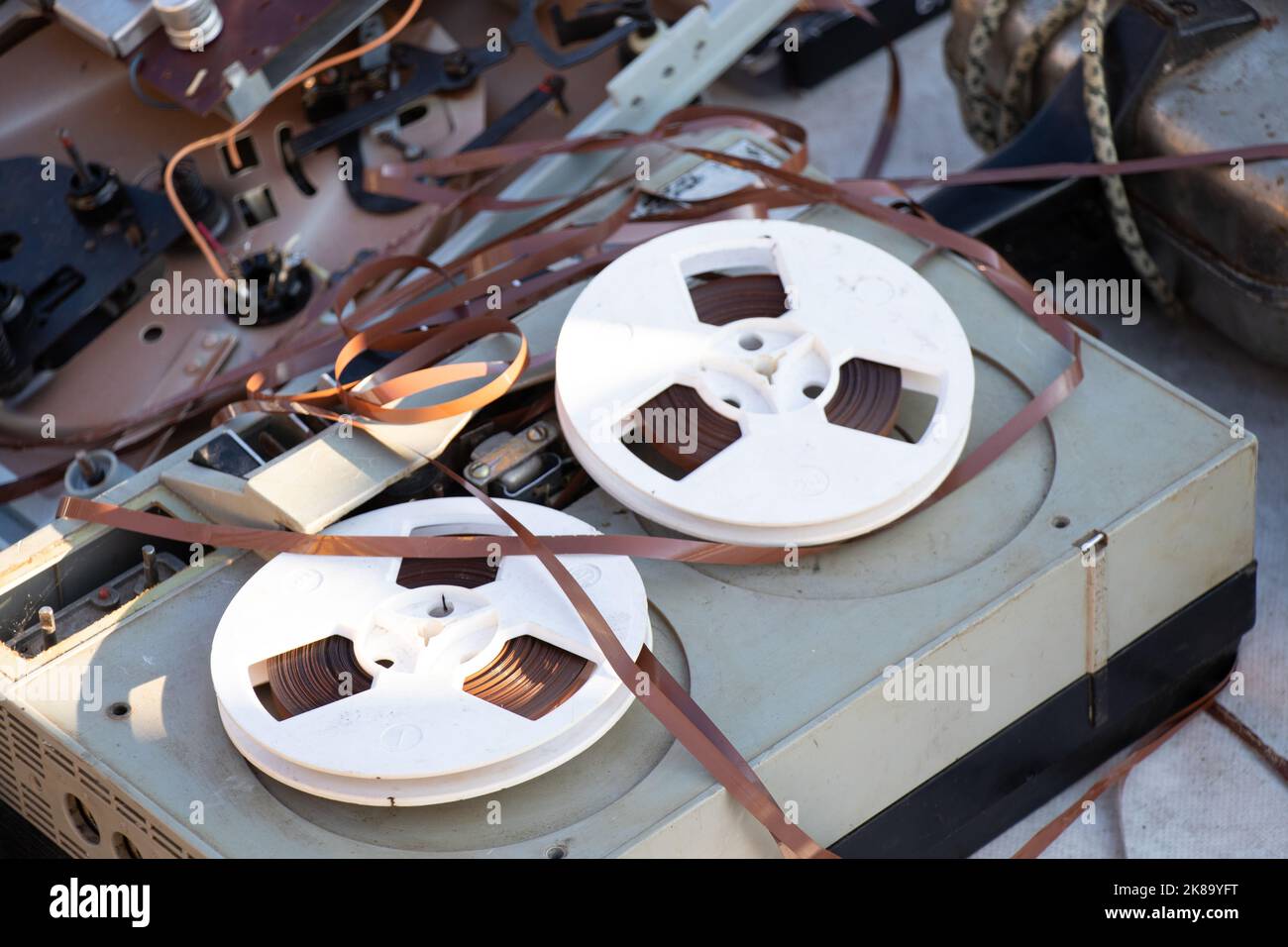 Old film tape recorder, Reel-to-reel tape recorders and reels Stock Photo