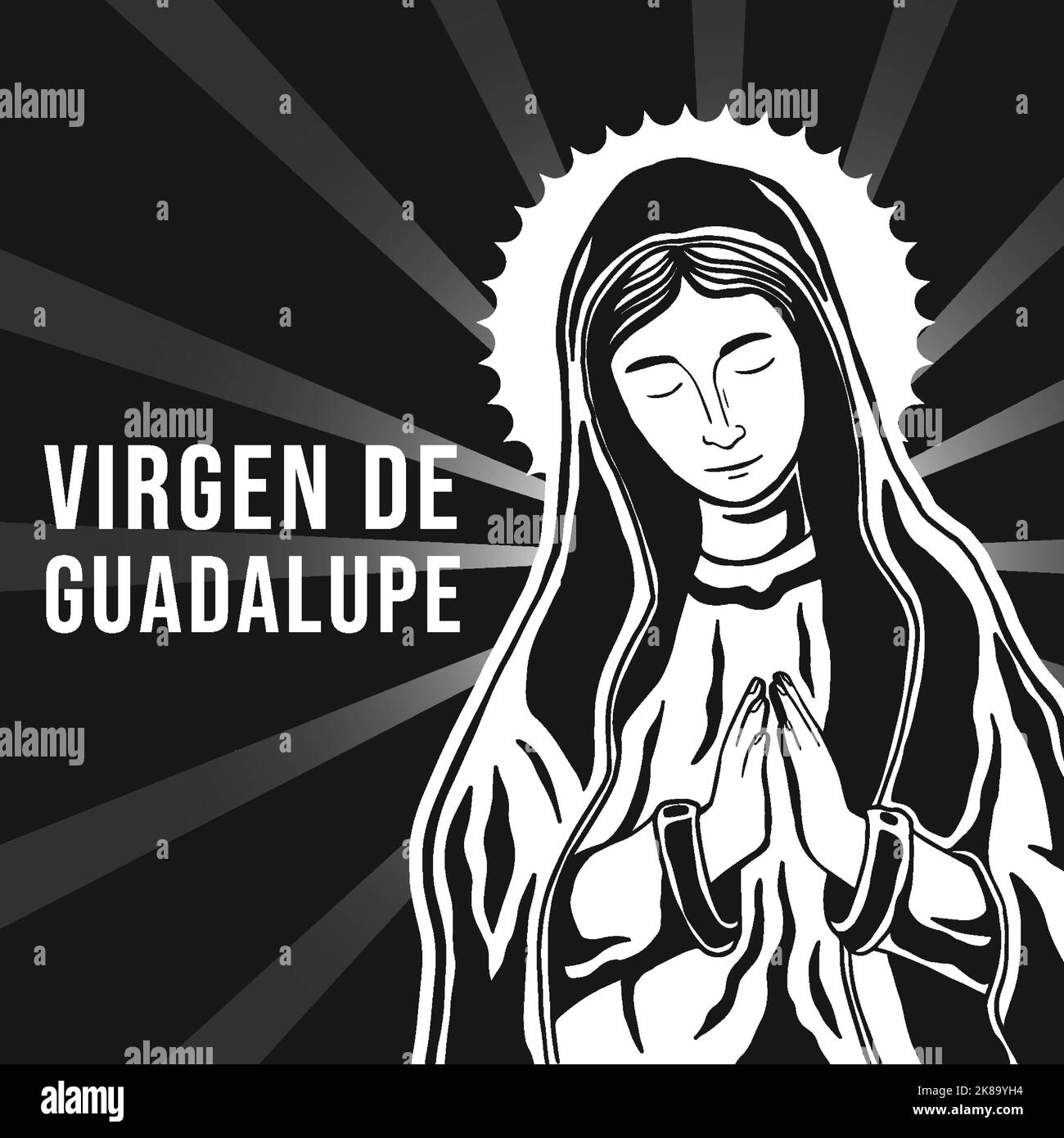 hand drawn virgen de guadalupe illustration in black white Stock Vector