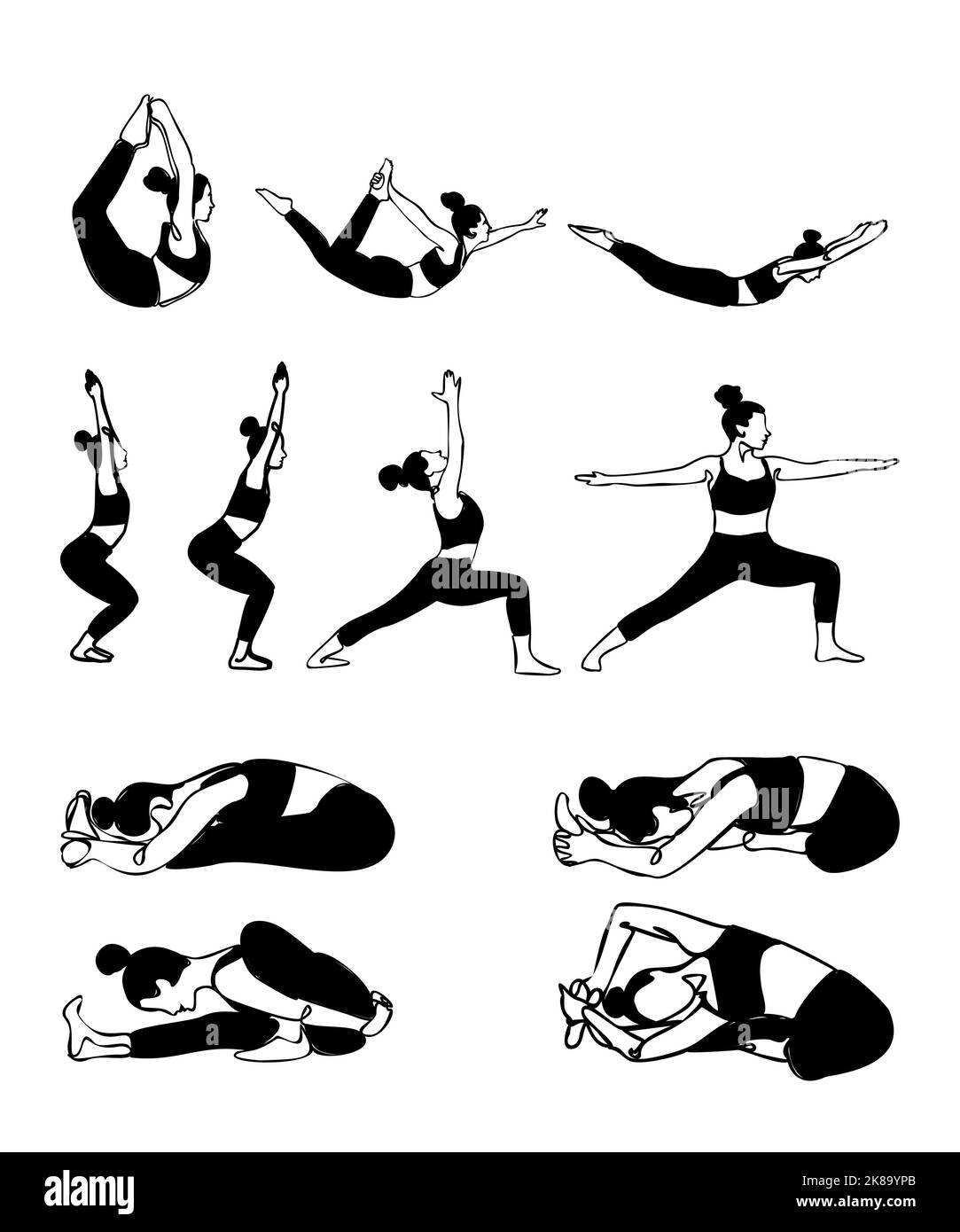 Yoga Poses Collection Set Black Icons Isolated on White Background Stock Vector
