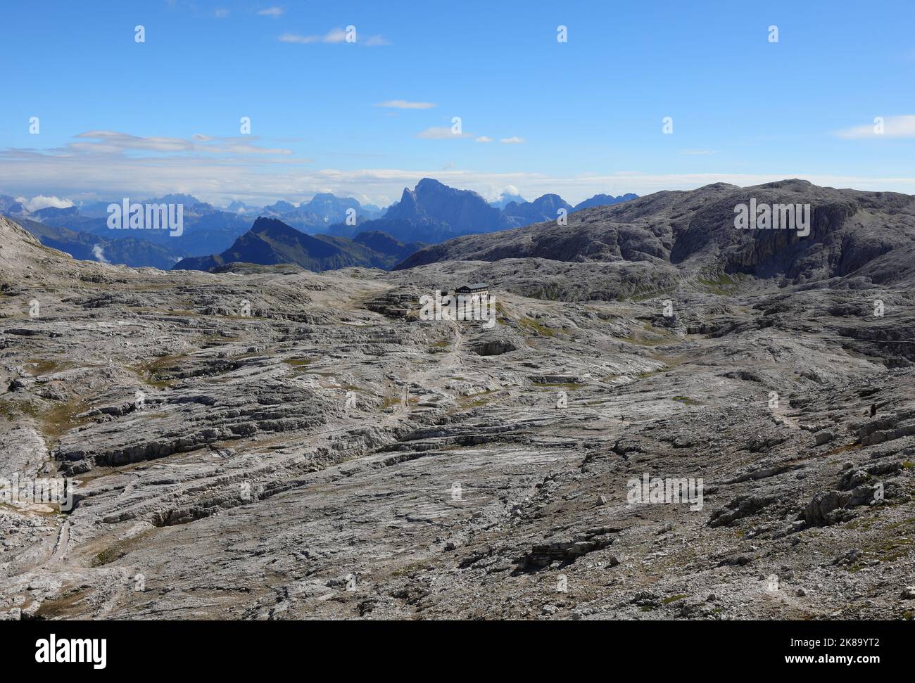 panorama of the dolomites and italian alps mountains from the summit of mount Rosetta Above the town of San martino di Castrozza Stock Photo