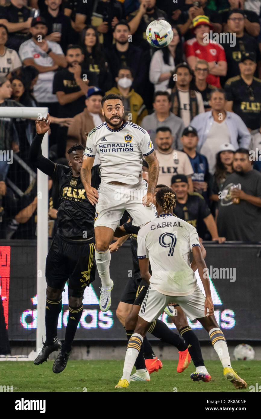 Los Angeles Galaxy defender Derrick Williams (3) jumps for a header during a MLS playoff match against the Los Angeles FC, Thursday, October 20, 2022, Stock Photo