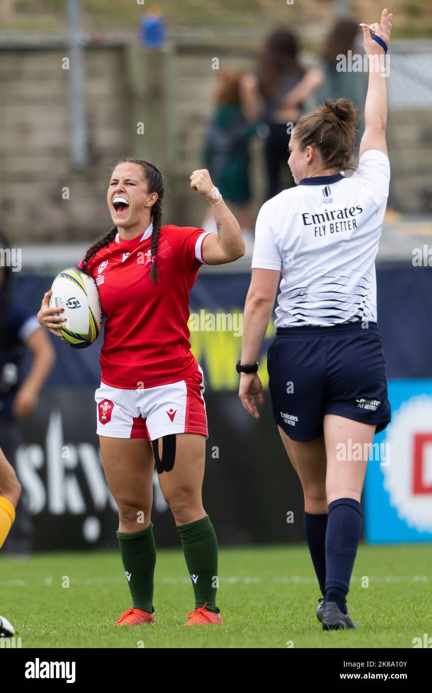 Wales' Ffion Lewis celebrates a scrum penalty during the Women's Rugby World Cup pool A match at Northland Events Centre in Whangarei, New Zealand. Picture date: Saturday October 22, 2022. Stock Photo