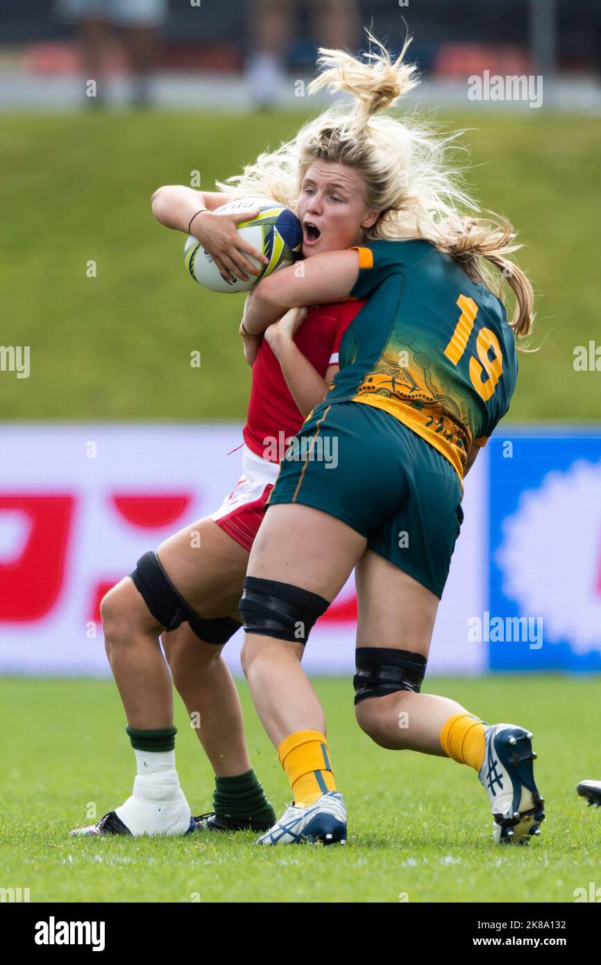 Wales' Alex Callender is tackled high by Australia's Georgia Evans during the Women's Rugby World Cup pool A match at Northland Events Centre in Whangarei, New Zealand. Picture date: Saturday October 22, 2022. Stock Photo