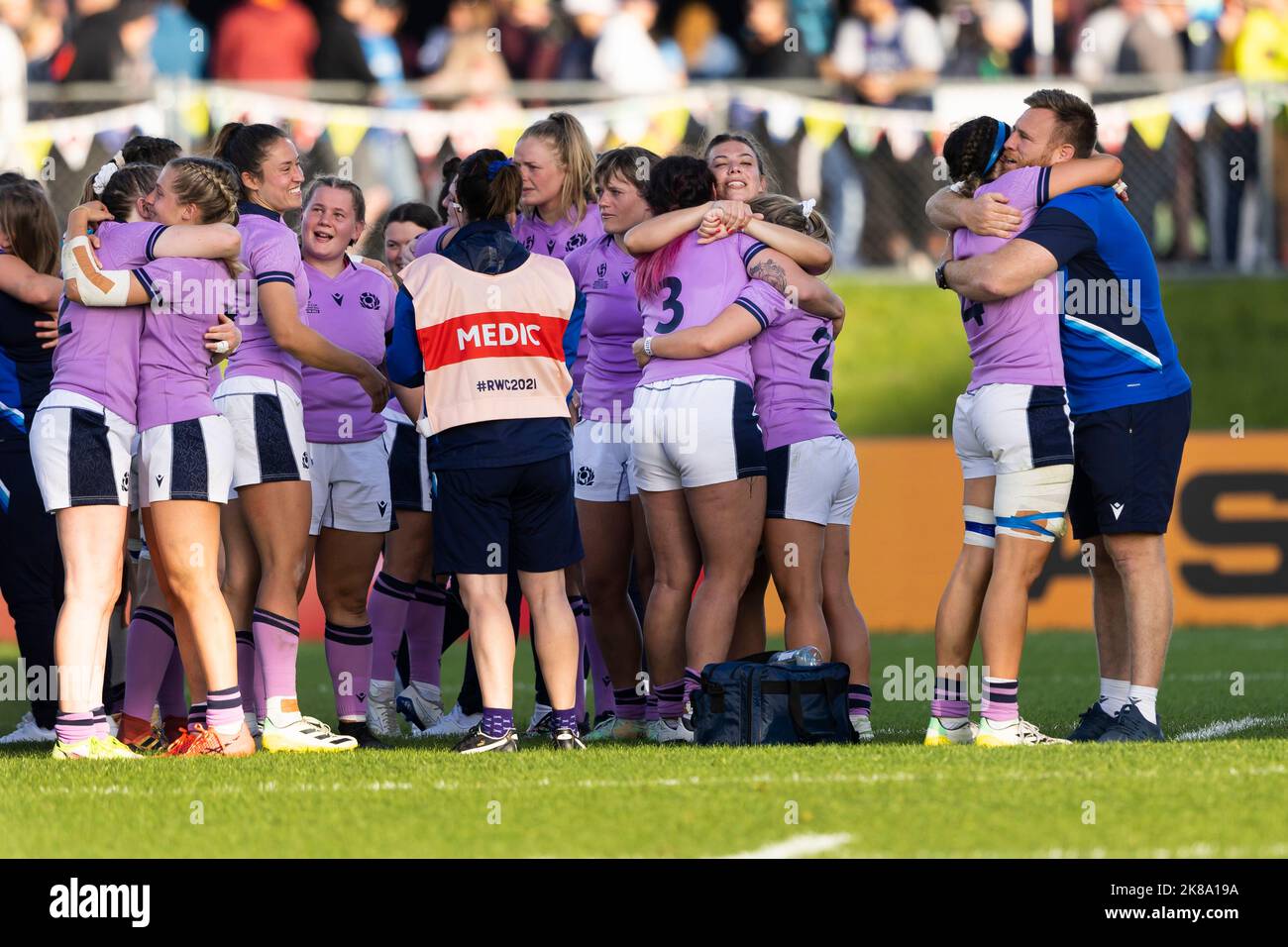 Scotland players after their loss to New Zealand during the Women's Rugby World Cup pool A match at Northland Events Centre in Whangarei, New Zealand. Picture date: Saturday October 22, 2022. Stock Photo