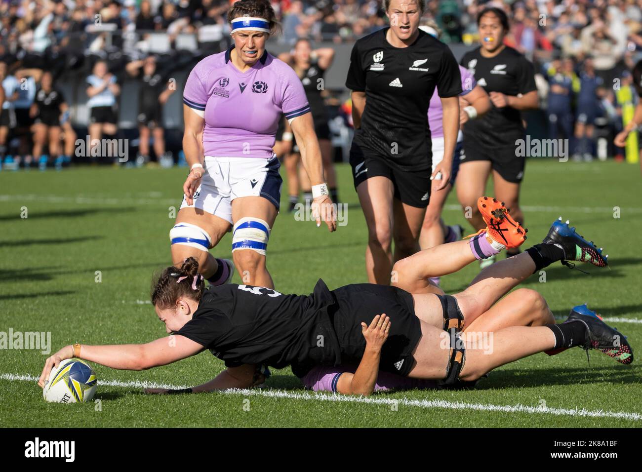 New Zealand's Maiakawanakaulani Roos' scores a try during the Women's Rugby World Cup pool A match at Northland Events Centre in Whangarei, New Zealand. Picture date: Saturday October 22, 2022. Stock Photo