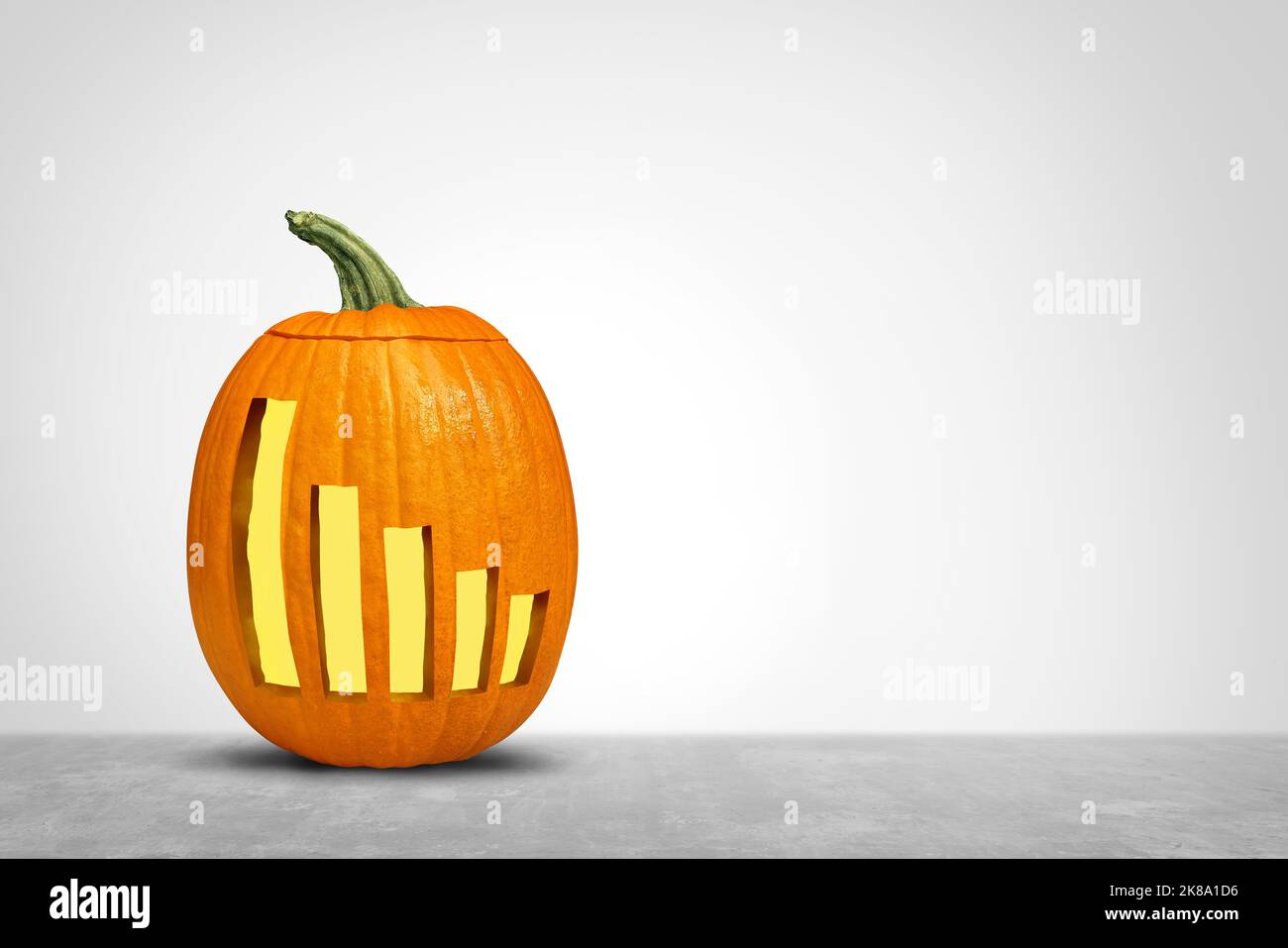 Autumn financial decline and Halloween season stock market crash concept as a fall season pumpkin symbol with a downward leaning finance chart arrow. Stock Photo