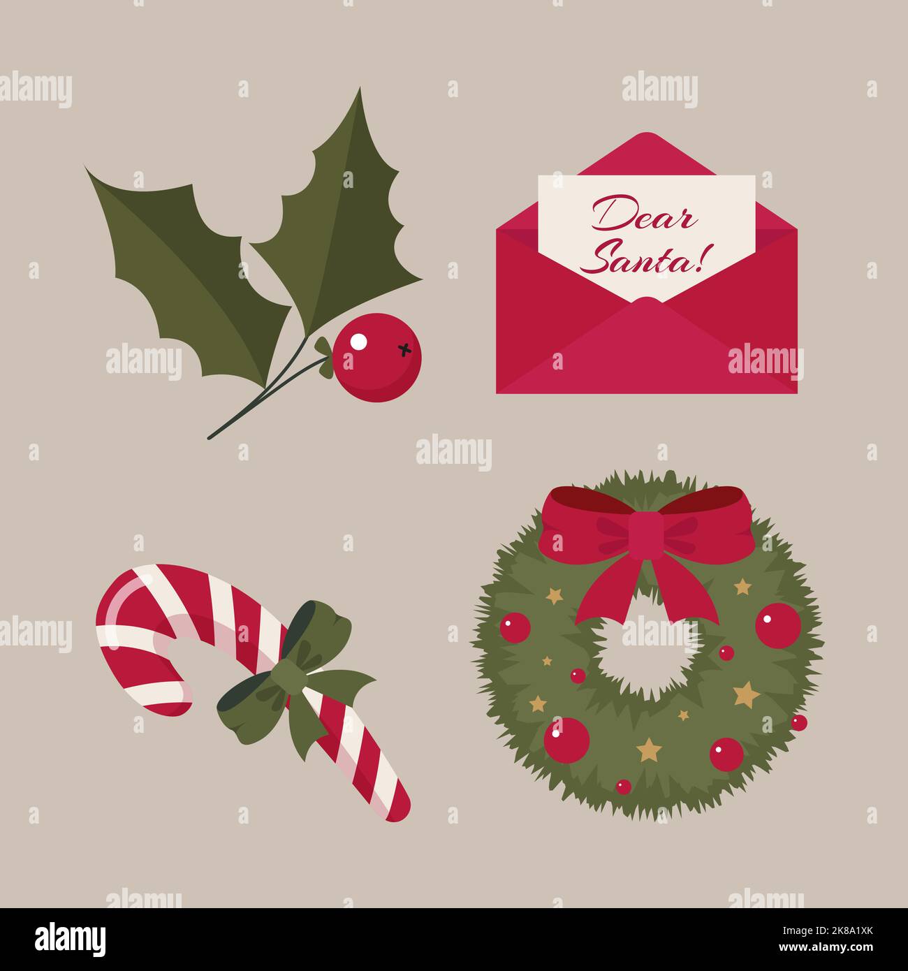 Cartoon set of Christmas elements wreath with bow envelope with letter for Santa lollipop and Christmas berry Stock Vector