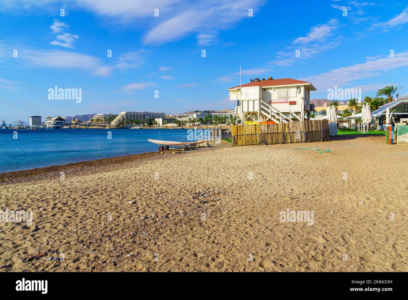 Eilat, Israel - January 17, 2022: Winter view of the beach, with visitors and hotel buildings. Eilat, southern Israel Stock Photo