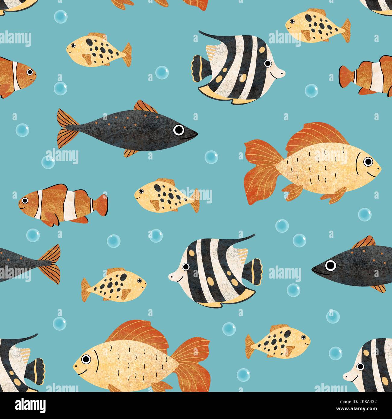 Modern seamless pattern with cute tropical striped fish and water bubbles on the blue background. Underwater life theme. Great for textile Stock Photo