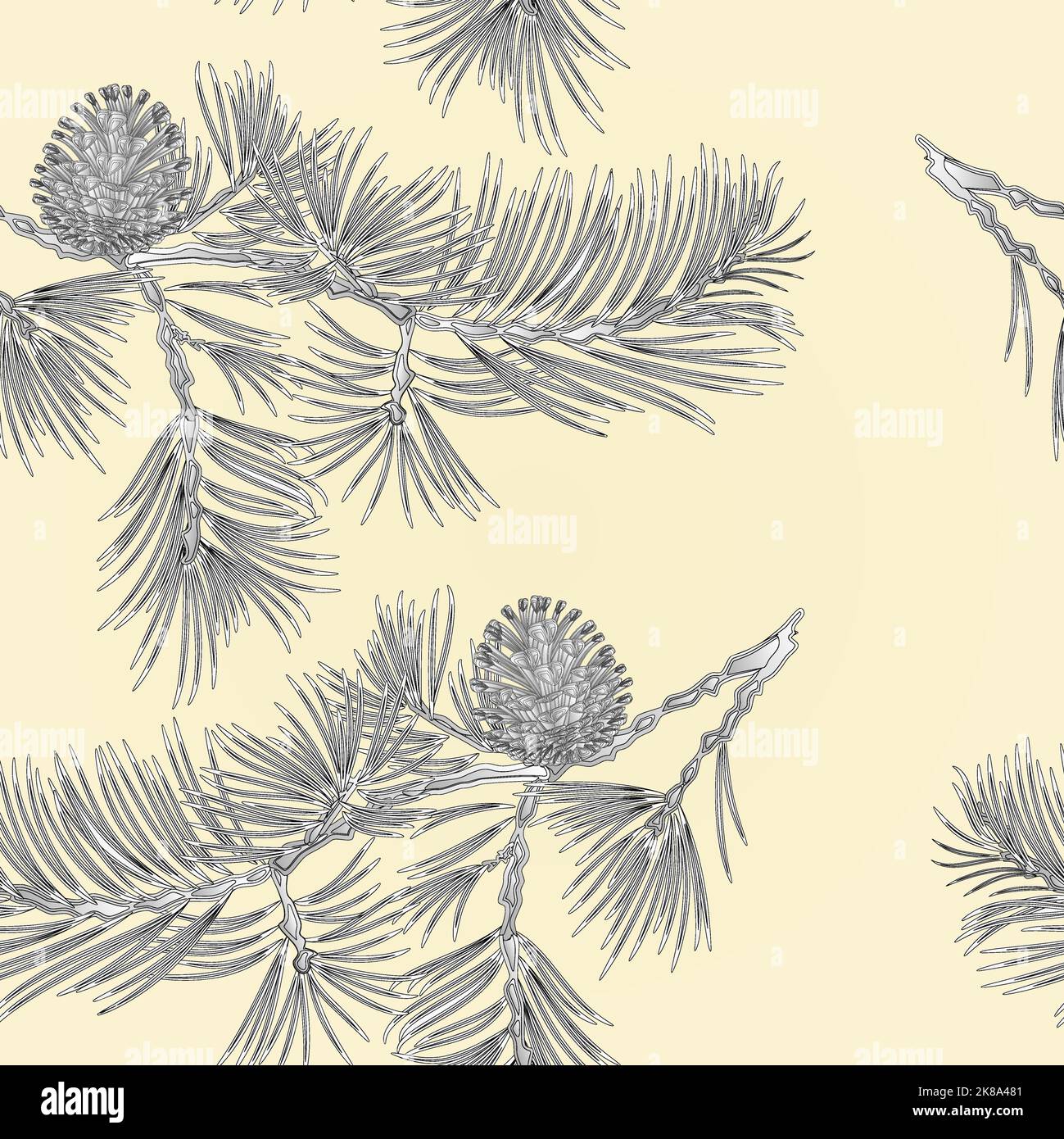 Seamless texture branch Pine and pine cone as vintage engraving natural ...