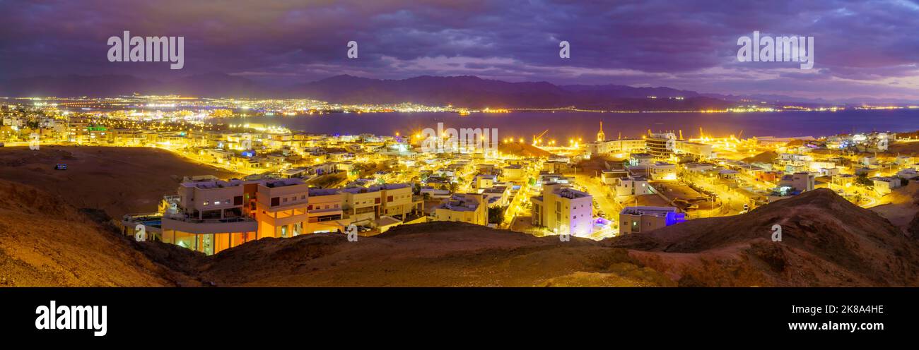 Panoramic evening view of Eilat (southern Israel), Aqaba (Jordan) and the Gulf of Aqaba Stock Photo