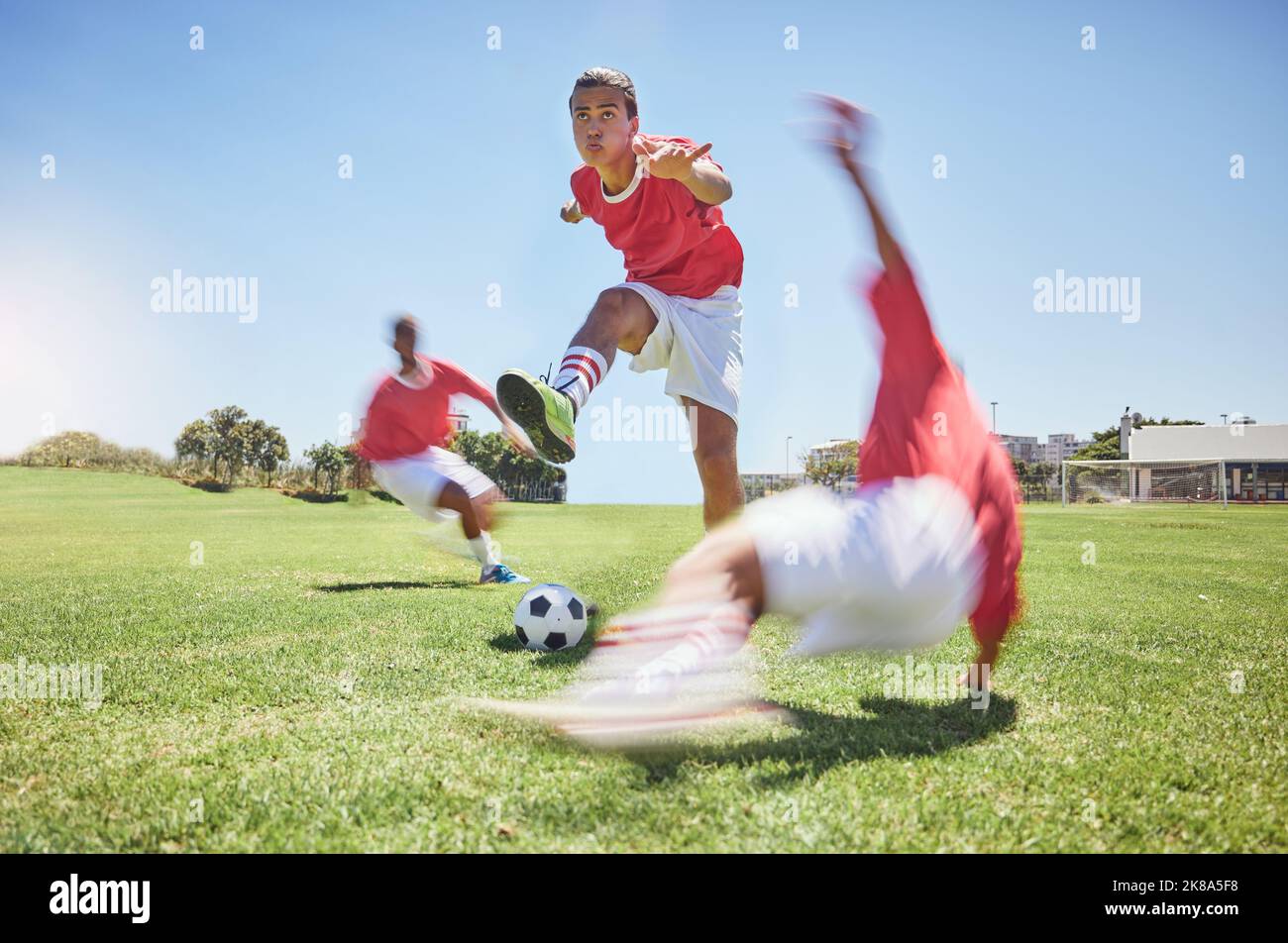 Sports, fitness and soccer, youth on field in summer sun for game, a