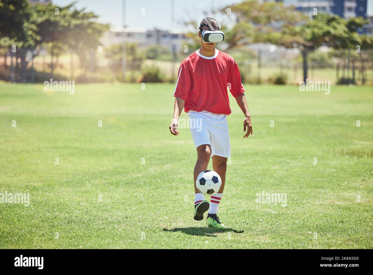 Soccer player man VR experience, innovation or digital cyber gaming on