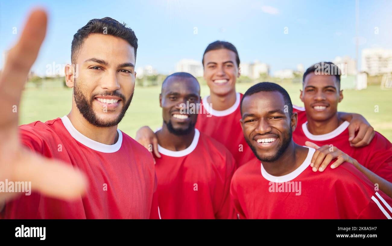 Soccer team, happy and football player selfie portrait with group diversity men together for motivation, winning and competition game. Exercise Stock Photo