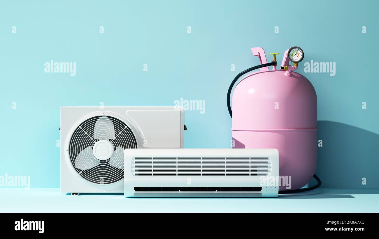 pink gas cylinder for refilling freon next to the air conditioning system with copy space. 3d