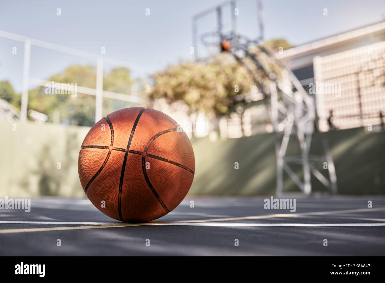 Basketball court, ball and sports match or competition game for fitness, exercise and training in New York. Ball sports, floor and urban community Stock Photo