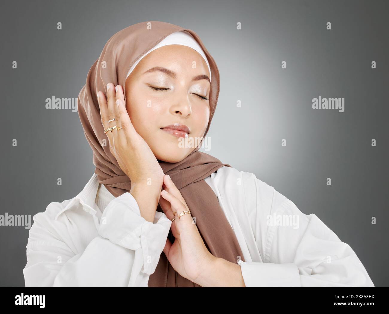Beauty, muslim and woman with hand pose for natural makeup marketing 
