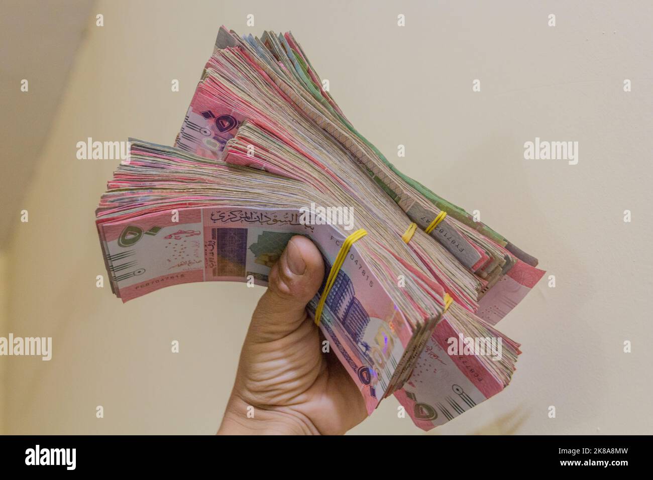 Hand holding stacks of Sudanese Pound banknotes Stock Photo