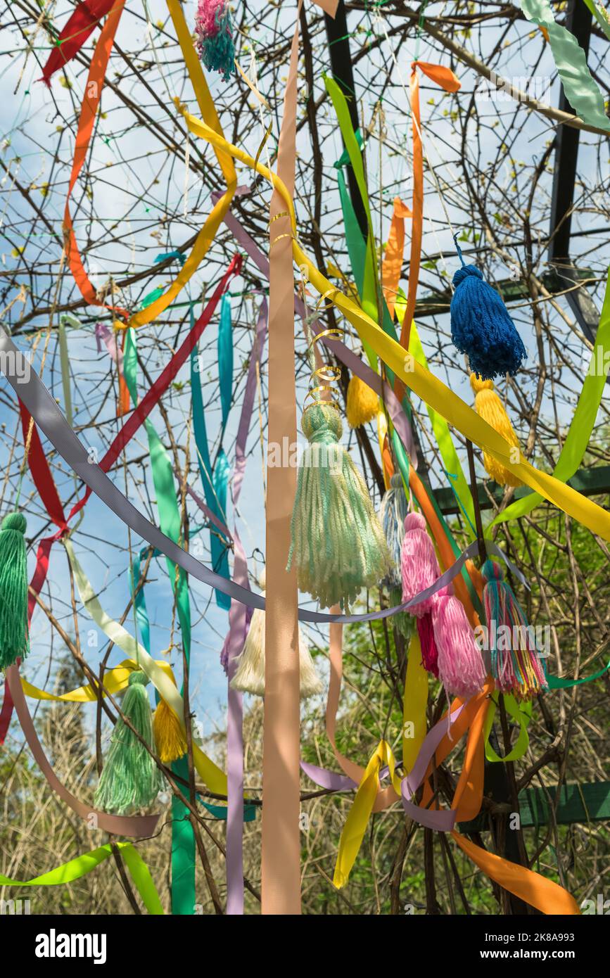 bright tassels and ribbons decorations with springtime plants Stock Photo