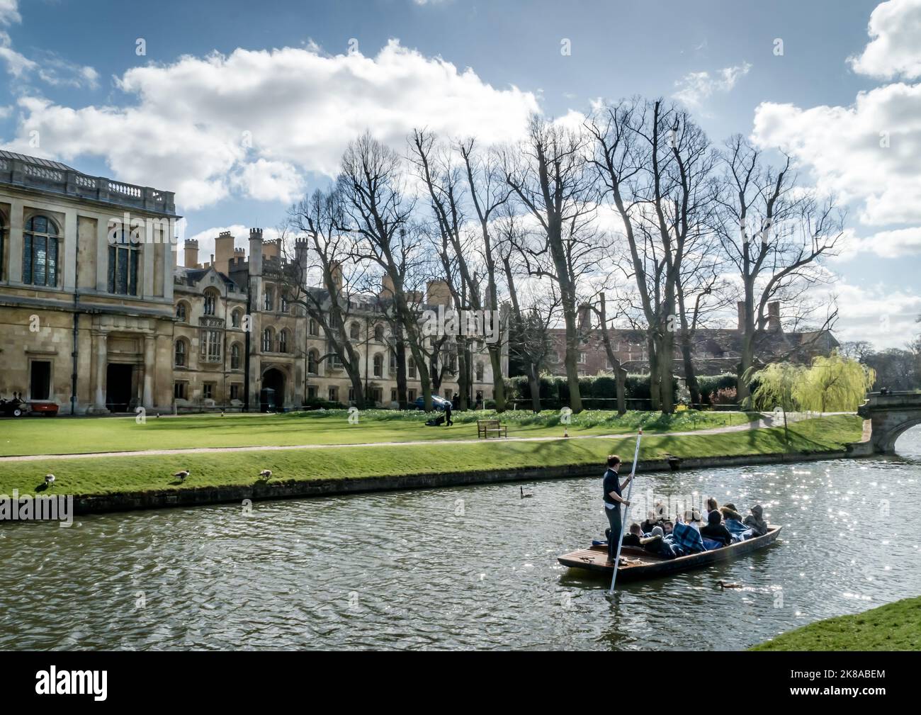 Students and Tourists Punting on the River Cam in Cambridge with views of the colleges and universities Stock Photo