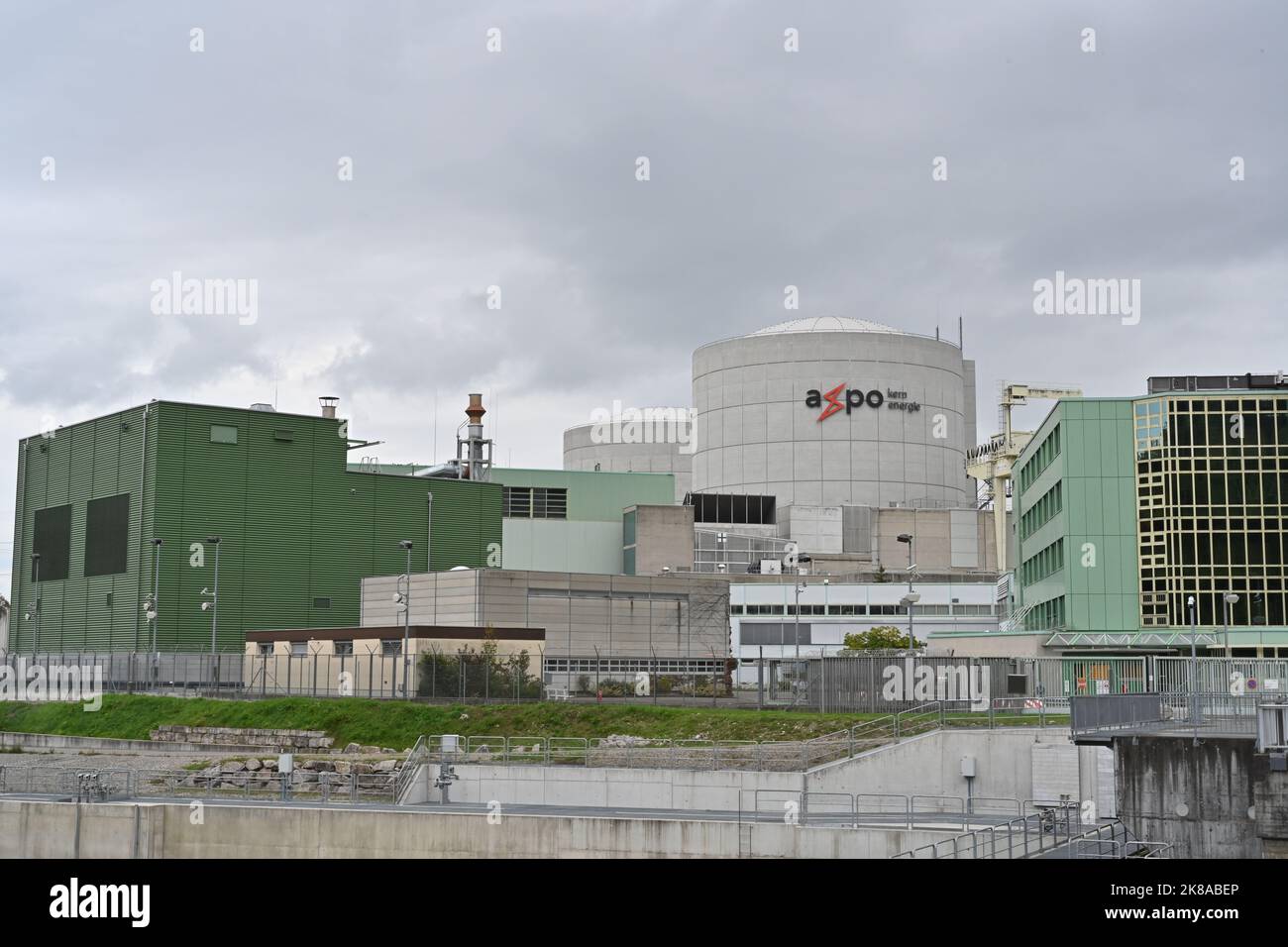 Direct view on a nuclear power plant Beznau, owned by Axpo, from the bank of river Aare. Stock Photo