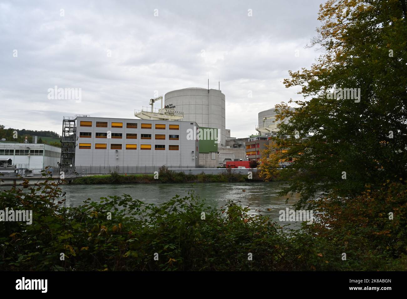 View on buildings of the nuclear power plant Beznau, owned by Axpo, from the bank of river Aare. Stock Photo