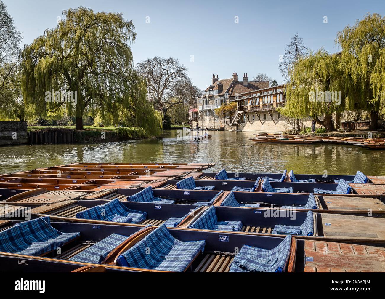 Punts lined up waiting for hire on the River Cam in Cambridge Stock Photo