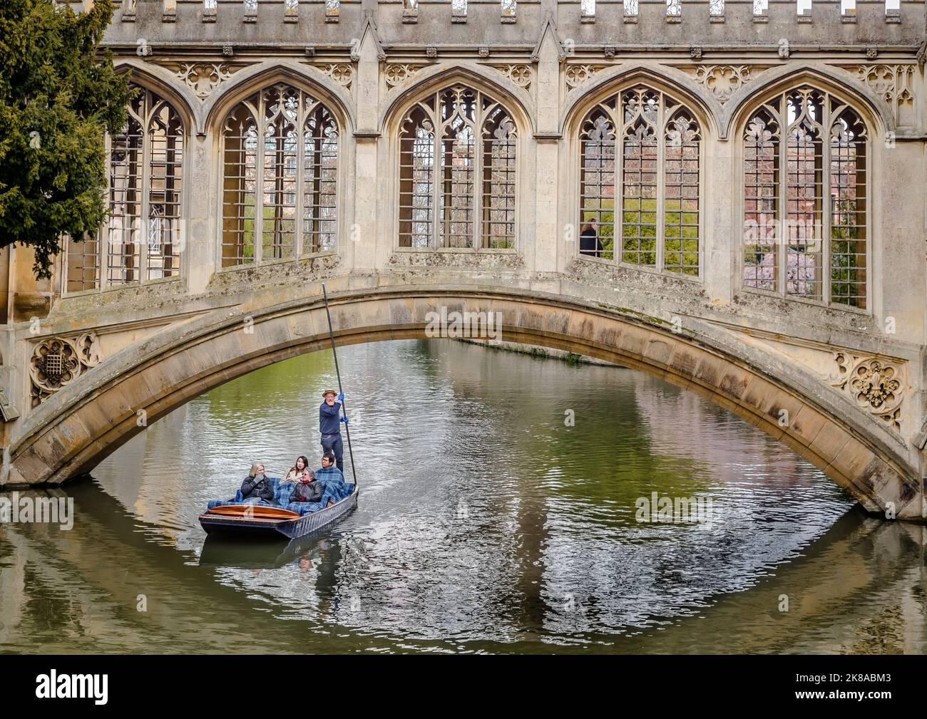 Students and Tourists Punting on the River Cam in Cambridge with views of the colleges and universities Stock Photo
