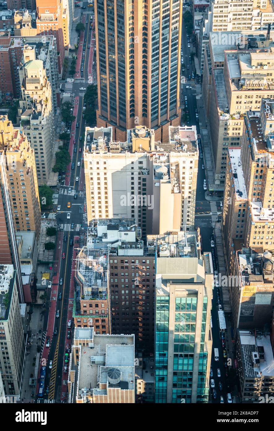 New York City, United States - September 18, 2022. Aerial view of the streets and rooftops of Manhattan Stock Photo