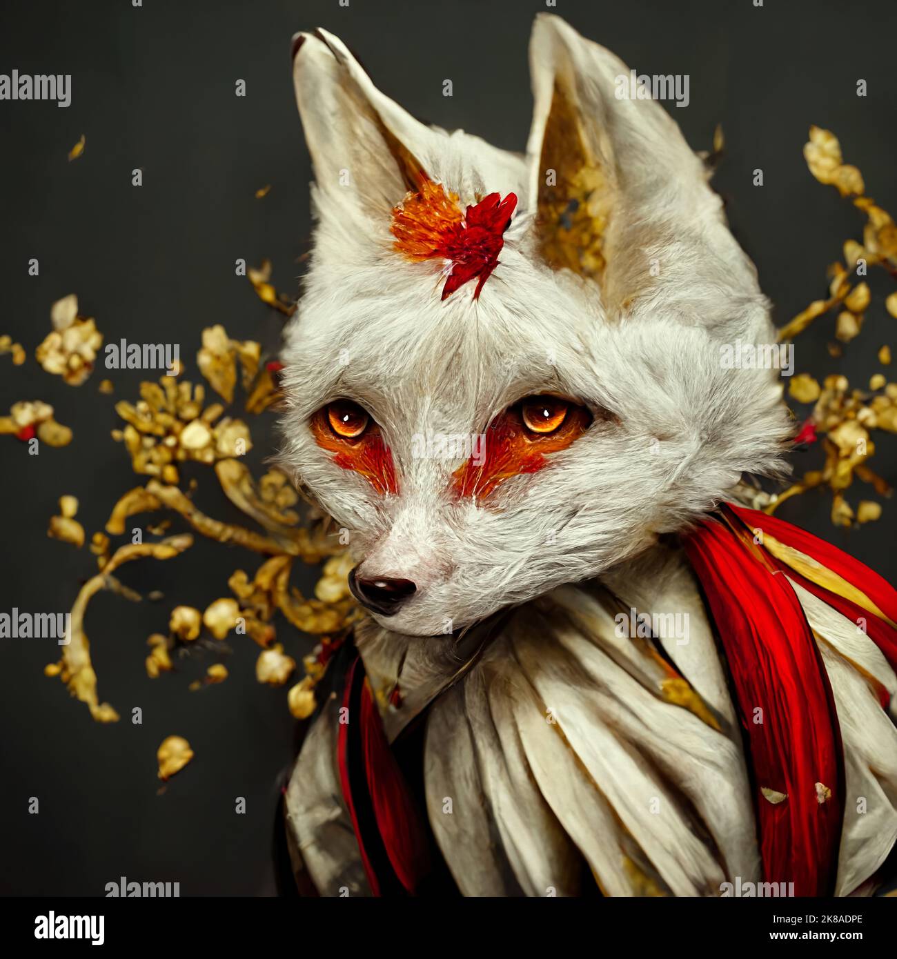 Beautiful lady fox portrait styled on Japanese warrior, wearing white ...