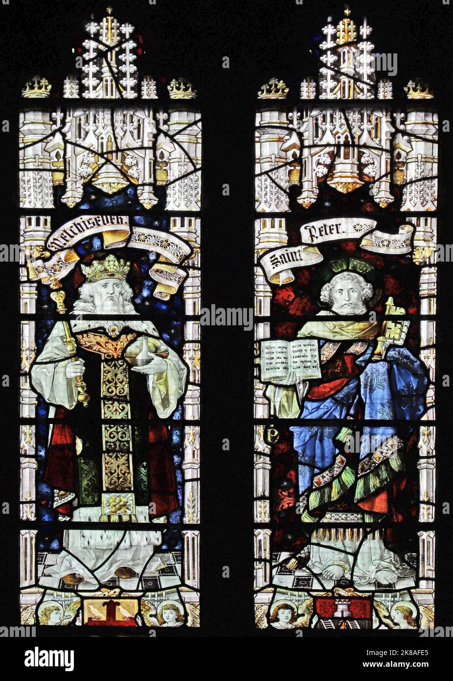 Stained glass window by Percy Bacon & Brothers depicting Prophet Melchizedek and St Peter, St Chad's Church, Bensham, Gateshead Stock Photo