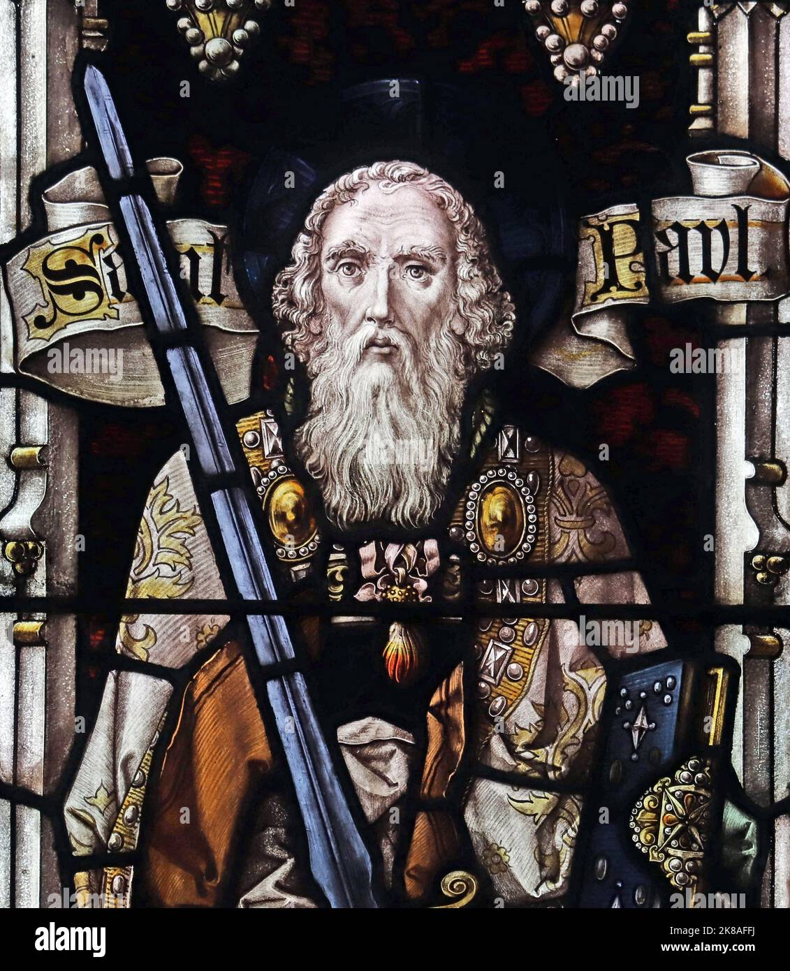 Stained glass window by Percy Bacon & Brothers depicting St Paul, St Chad's Church, Bensham, Gateshead Stock Photo