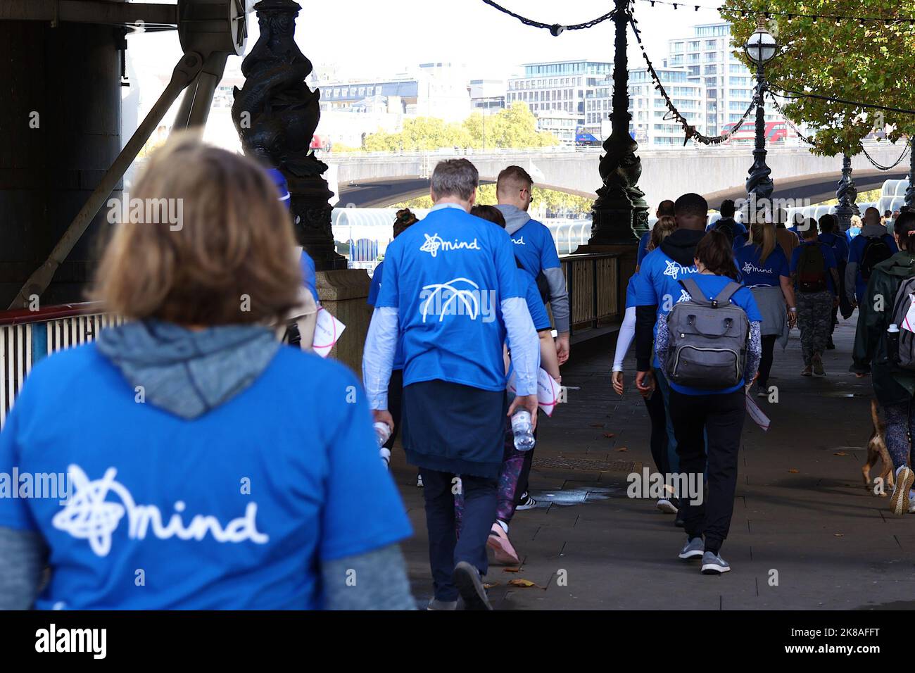 Southbank, London, UK. 22 October, 2022. The Mind Walk is a family friendly 10km walk. Bringing people together to raise money and awareness in the fight for mental health. We're asking each person taking part to try and raise £100 to support our services. Photo Credit: Paul Lawrenson/Alamy Live News Stock Photo