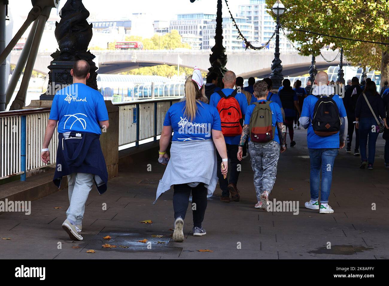 Southbank, London, UK. 22 October, 2022. The Mind Walk is a family friendly 10km walk. Bringing people together to raise money and awareness in the fight for mental health. We're asking each person taking part to try and raise £100 to support our services. Photo Credit: Paul Lawrenson/Alamy Live News Stock Photo