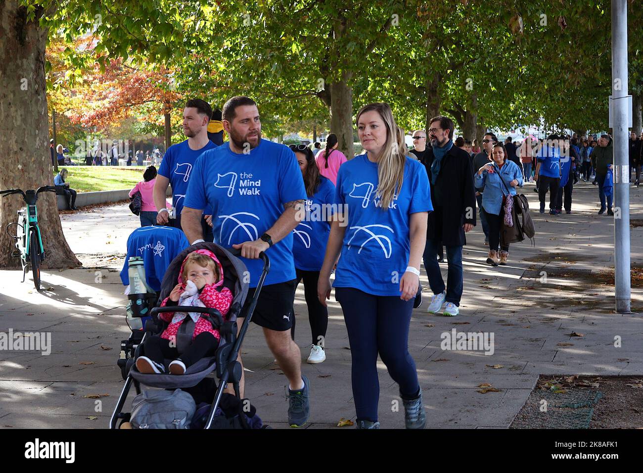 Southbank, London, UK. 22 October, 2022. The Mind Walk is a family friendly 10km walk. Bringing people together to raise money and awareness in the fight for mental health. We're asking each person taking part to try and raise £100 to support our services. Photo Credit: Paul Lawrenson/Alamy Live News Stock Photo