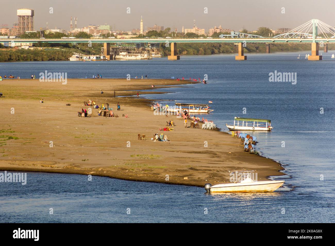 KHARTOUM, SUDAN - MARCH 7, 2019: People enjoy Tuti beach in Khartoum, capital of Sudan Stock Photo